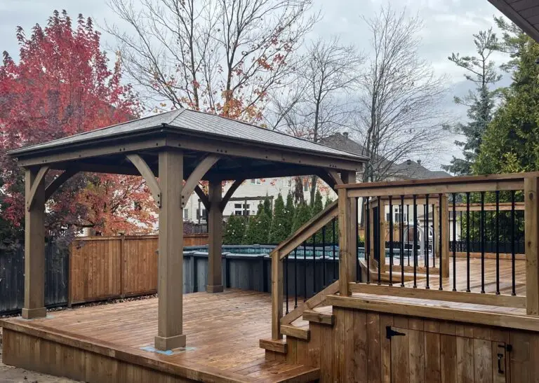 A Kanata multi level deck contractrator builds this pool deck with gazebo
