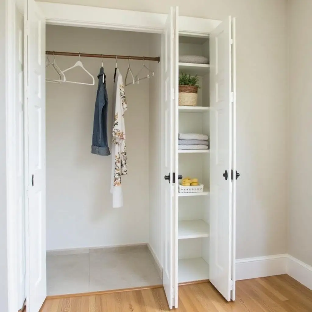 A linen closet with 2 door and shelving