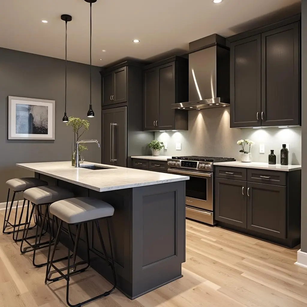A grey theme kitchen in a basement apartment