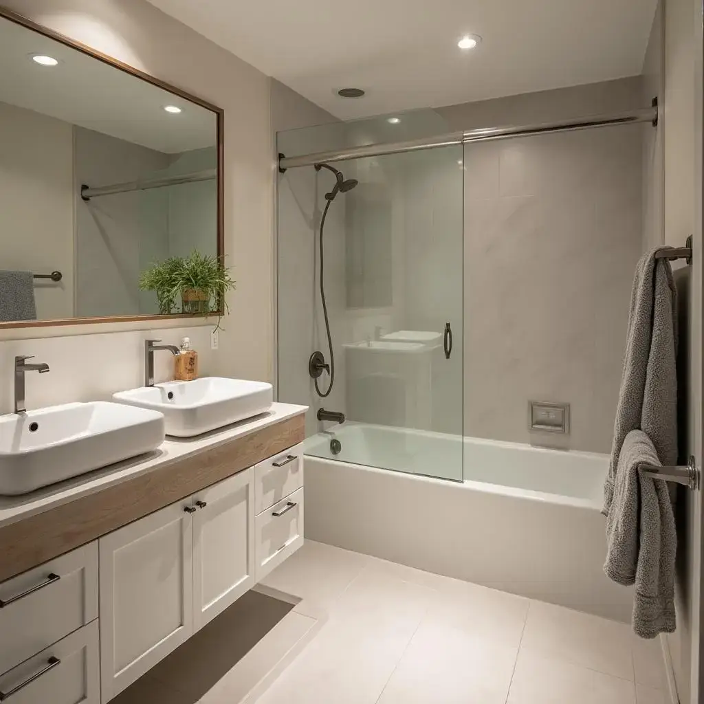 A bathroom basement with tub and floating vanity in Stittsville
